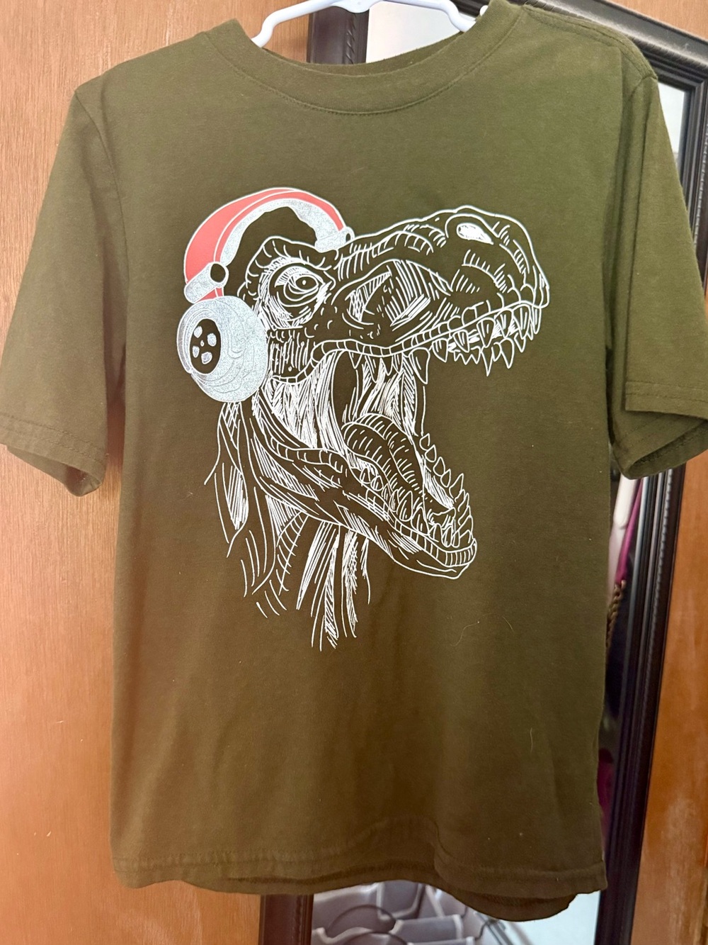 wonder nation Olive Green Tee with White Dinosaur Head and Red Headphones